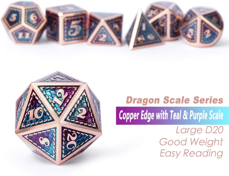DNDND Metal D&D Dice Set,7 Pieces Dragon Scale Metallic D&D Die with Gift Metal Case for Dungeons & Dragon Game (Teal and Purple with Copper Edge) - Image 5